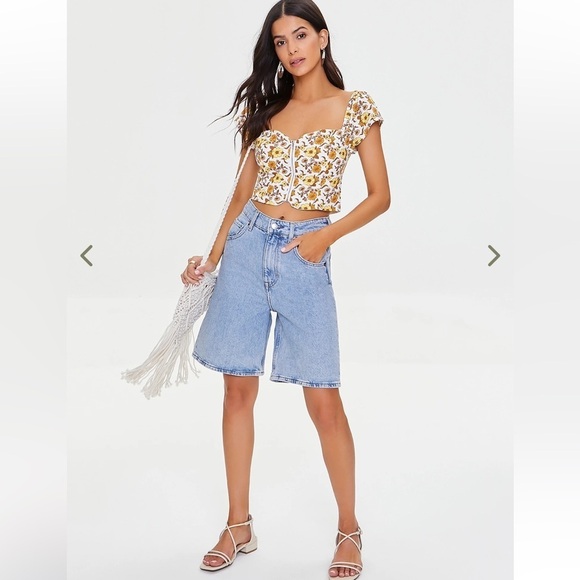 Forever 21 Yellow White Retro Floral Linen Blend Zip Crop Top- Size Large - Picture 4 of 16